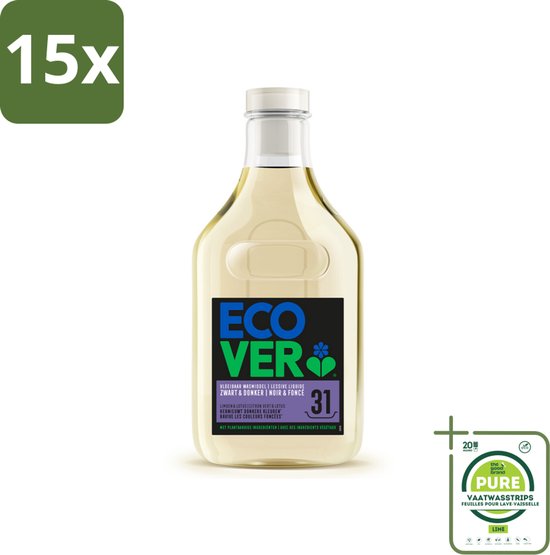 15 x Ecover Vloeibaar Wasmiddel Zwart & Donker - Limoen & Lotus 31 Wasbeurten 1,43 liter - Grootverpakking - Donker Wasmiddel - Donkere Kleuren - Plantaardig Wasmiddel - Milieuvriendelijk Wasmiddel - Ecologisch Wasmiddel
