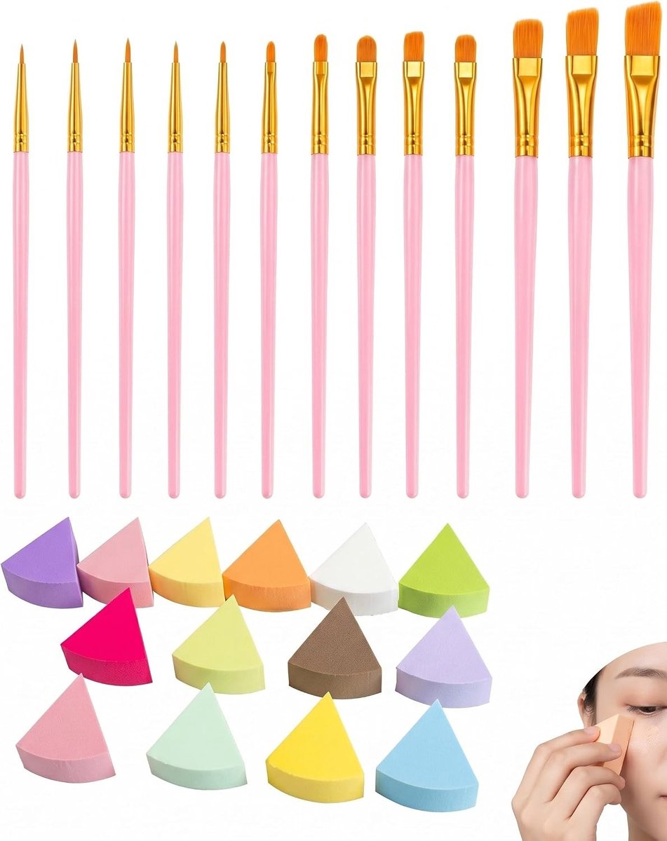 14 Waaiervormige Make-upsponzen en 10 Gezichtskwasten, Latexvrij voor Foundation en Poeder, Perfect voor Professioneel en Thuisgebruik