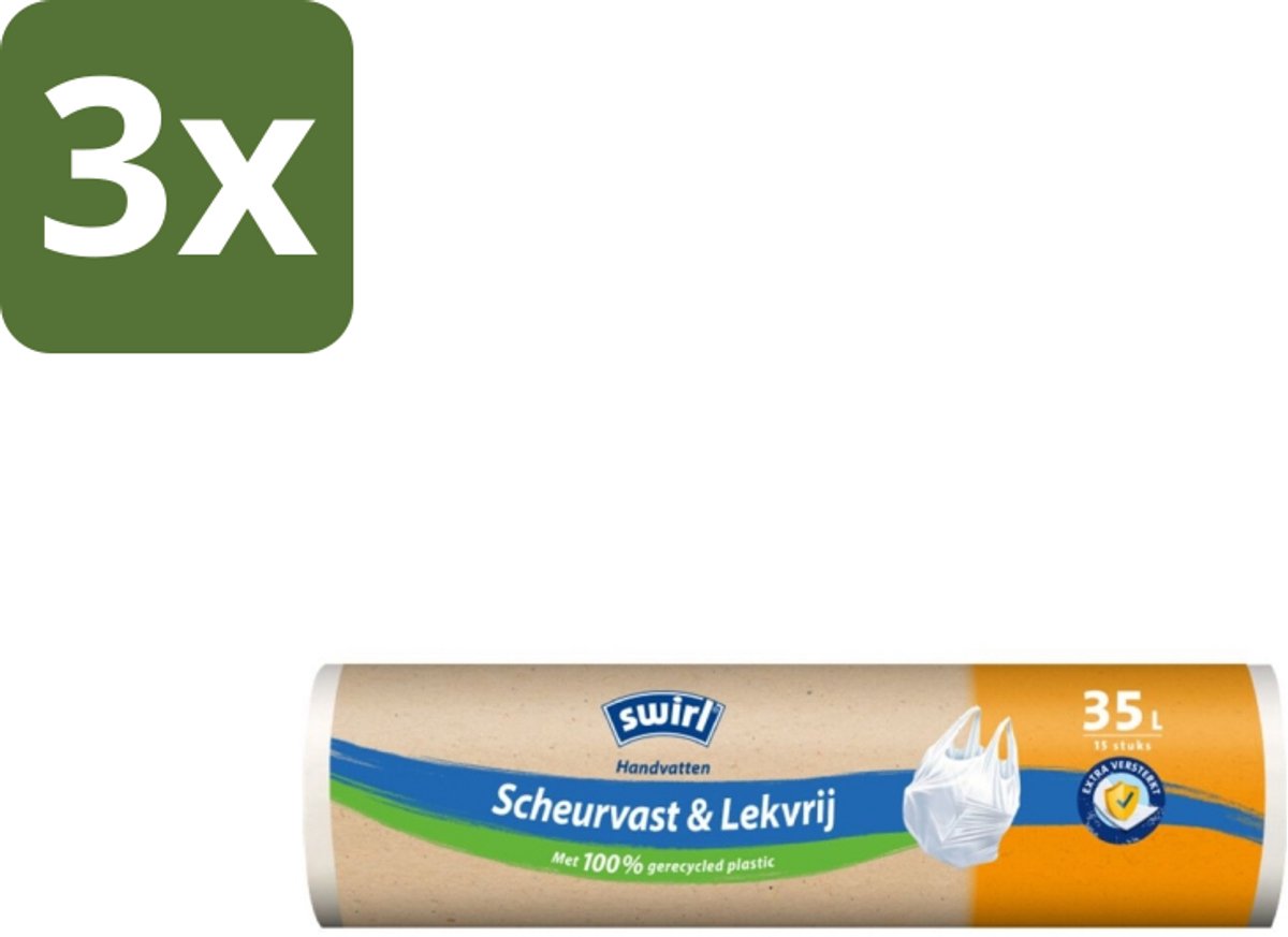 Swirl – Vuilniszakken – 35 L – Handvatten – 15 zakken - Bulkverpakking - 3 stuks
