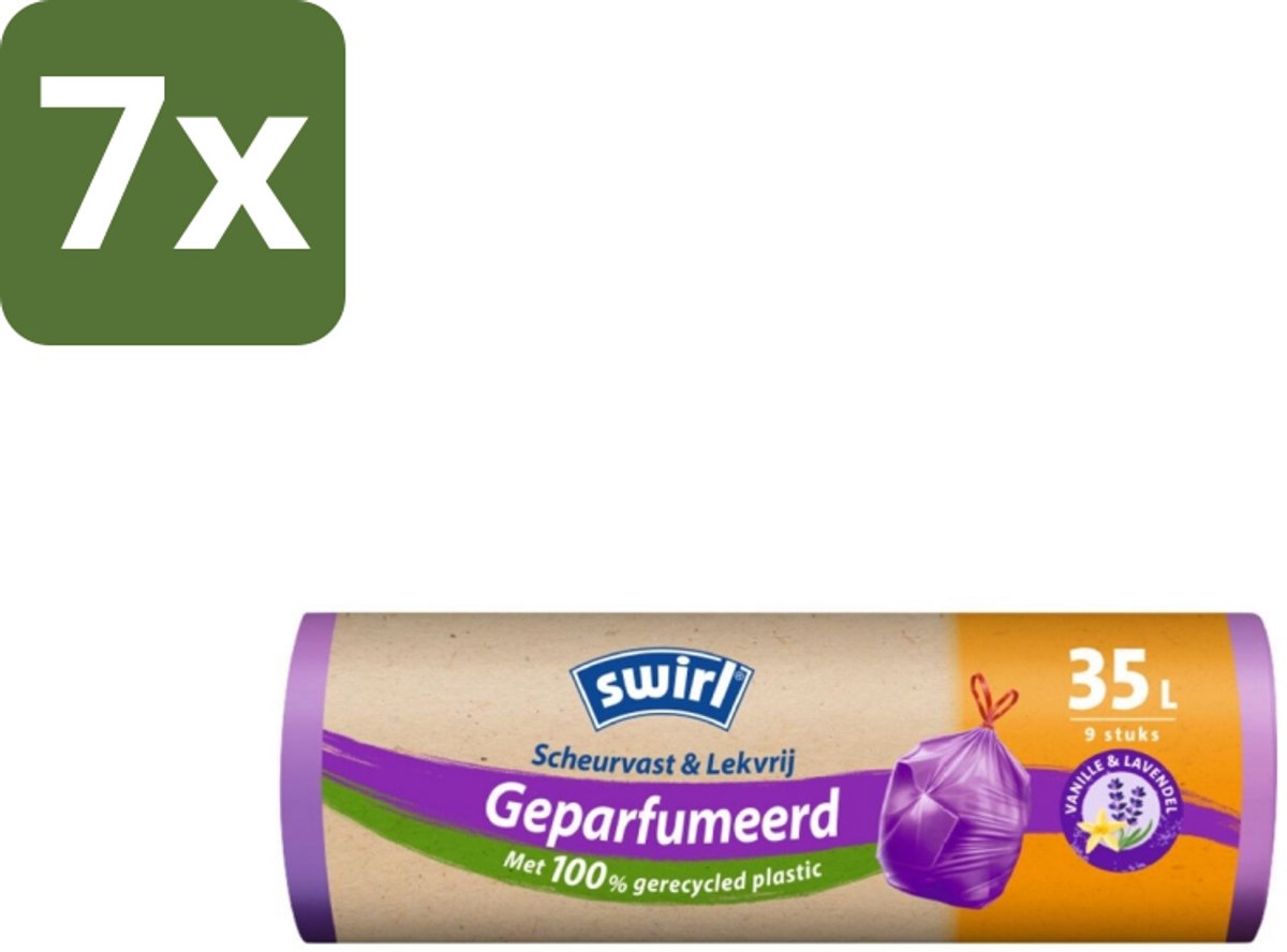 Swirl – Pedaalemmerzakken – Trekband Geparfumeerd Vanille & Lavendel – 35 L – 9 zakken - Bulkverpakking - 7 stuks