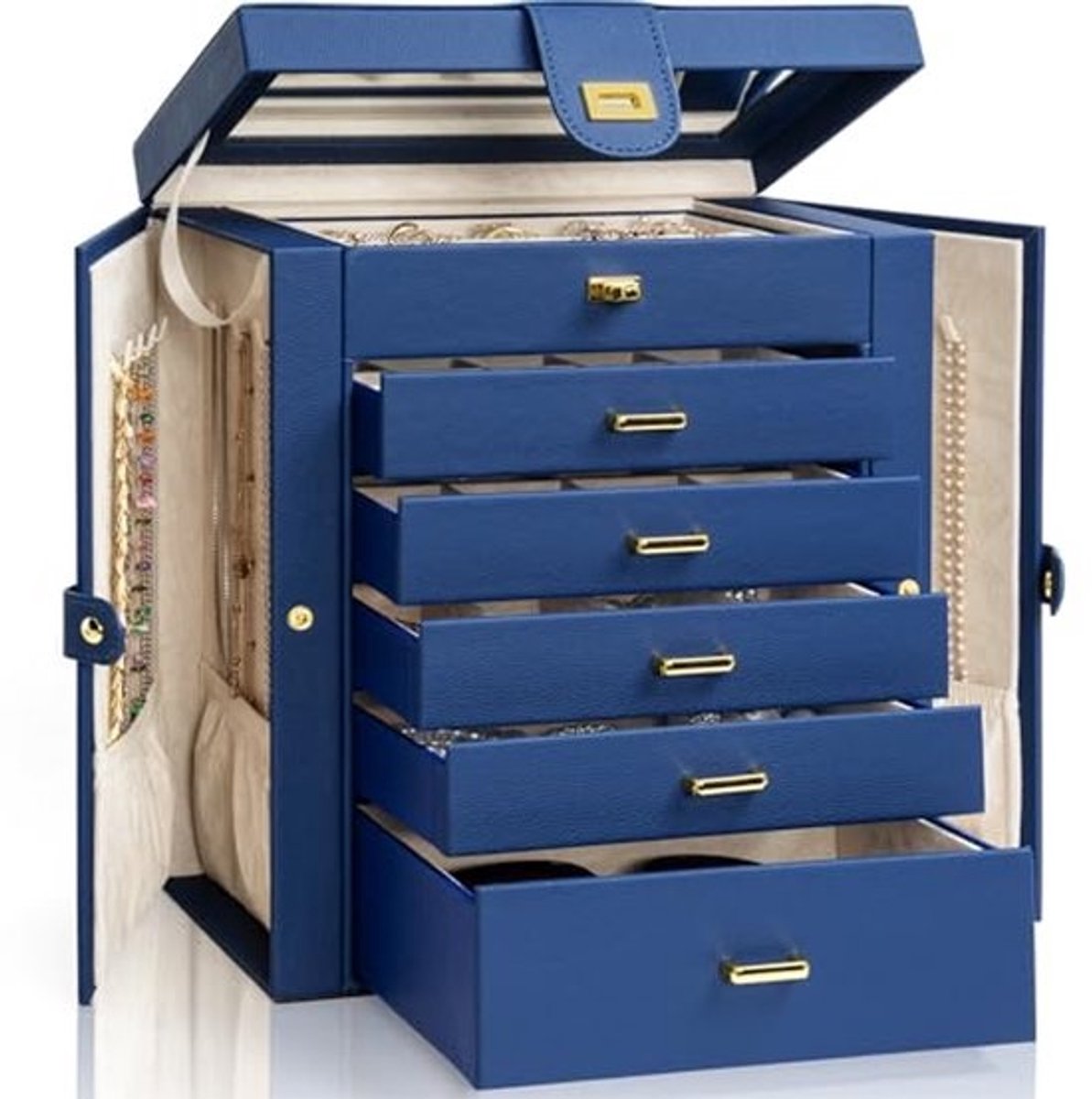 Grote Functionele Lockable Sieradenbox met Grote Spiegel voor Vrouwen en Meisjes