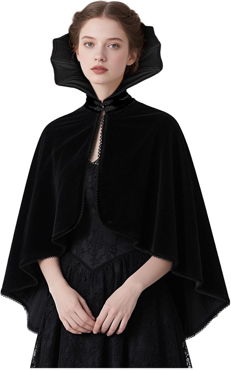 Gothic Korte Cape met Staande Kraag voor Dames - Zwart, Perfect voor Halloween en Cosplay