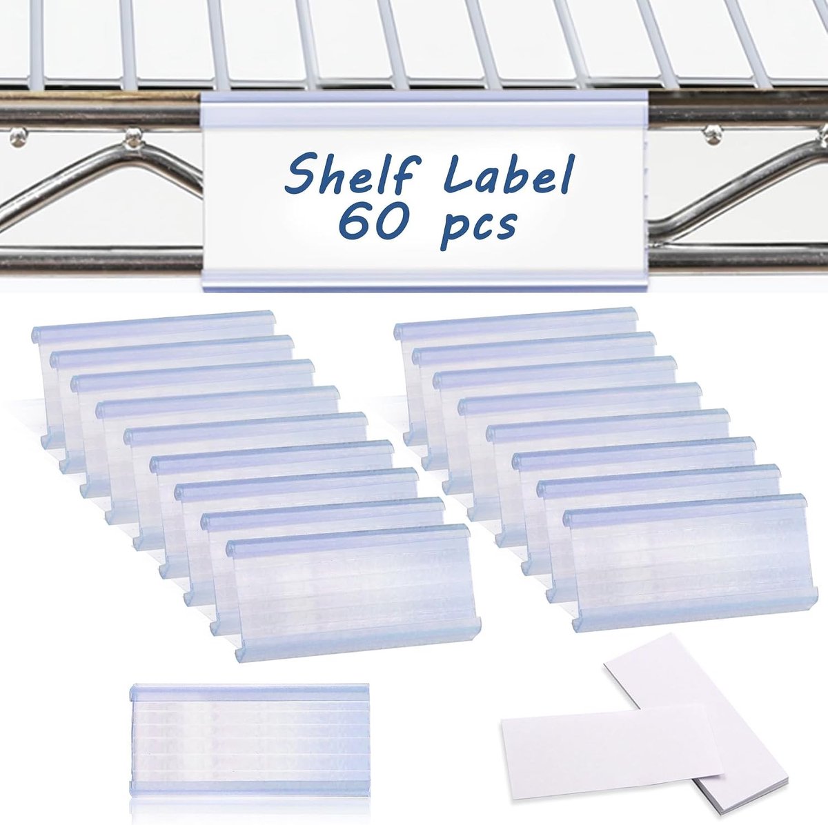 60 Stuks Draadplanklabelhouders met Papieren Invoegen, Verwijderbare Heldere Plastic Labelhouders voor Retail en Opslag, Geschikt voor 1-1/4 Inch Racks