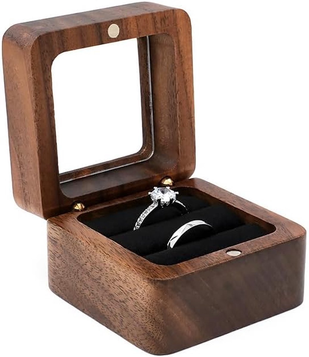 Houten Ringdoosje met 2 Vakken - Romantische Doos voor Trouwringen - Ideaal Cadeau voor Huwelijksaanzoek en Jubileum - Liefdesgeschenk voor Bruiloft