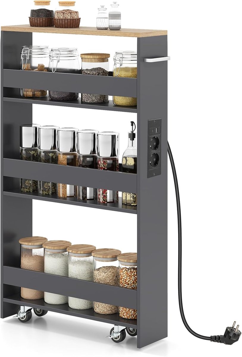 Costway Nischenwagen 13 cm breed, 4-laags keukenwagentje smal met laadstation, nisrek op wielen, serveerwagen met handvaten & leuning, voor keuken, badkamer, badkamerrek hout (grijs)