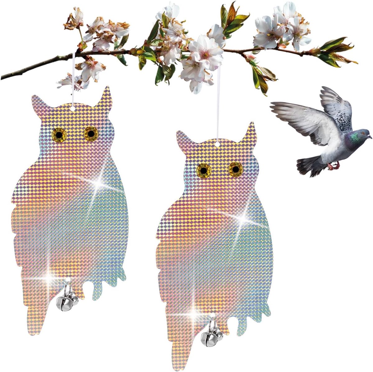 2‑stuks dummy uil vogelafschrikmiddel, diervriendelijke kunstroofvogel om op te hangen, zittende uil met bel en reflecterende folie