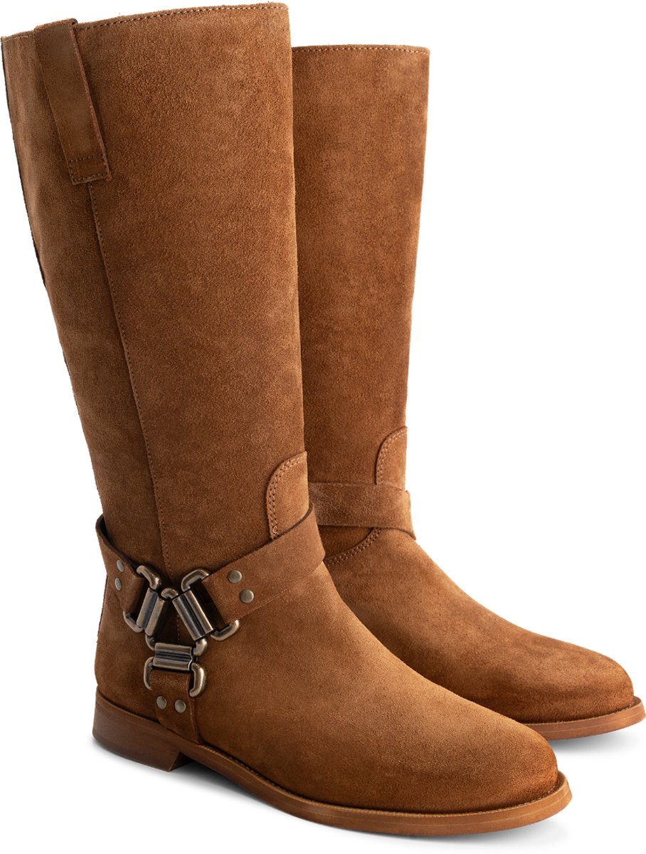 Jilsen Dames Laarzen Brede Schacht en Laarzen Brede Kuiten Noa Suede in Cognac Kuitomtrek 44 cm, schoenmaat 42