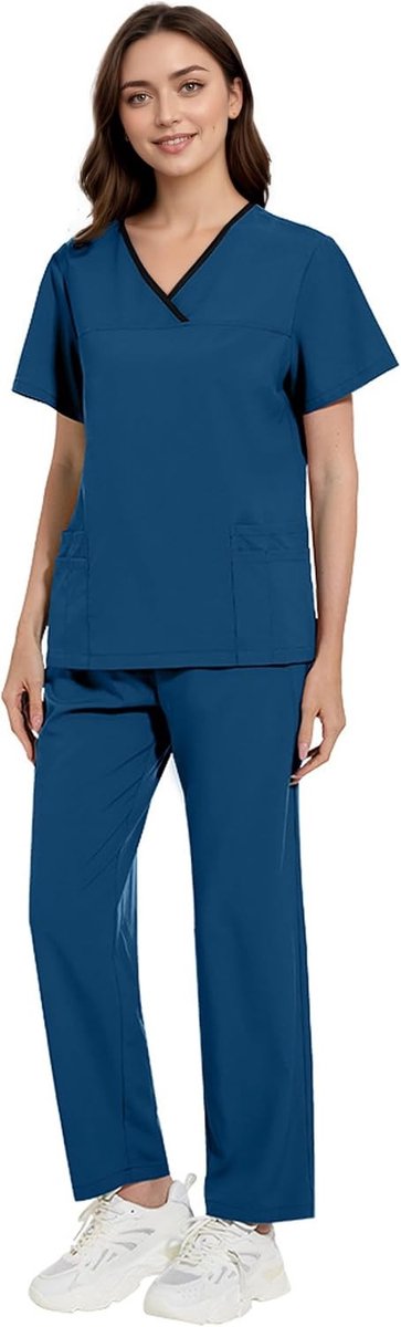 Professionele V-hals Scrub Set met Korte Mouwen en Elastische Taille | Multi-Pocket Stretch Uniform voor Artsen, Verpleegkundigen en Dierenartsen | Comfortabele Werkoutfit