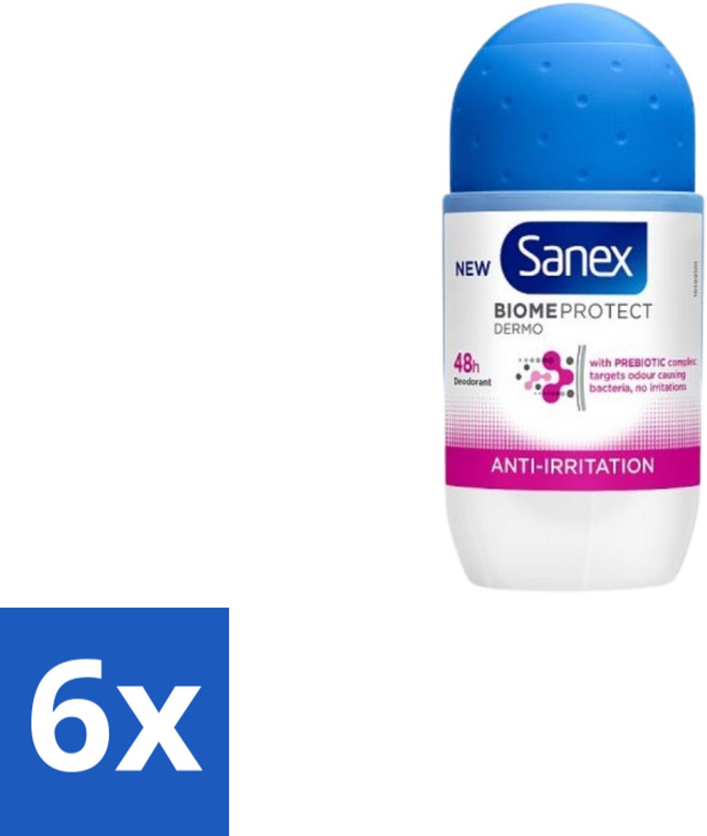 6 x Sanex – Deo Roll-on – BiomeProtect Dermo Anti-Irritation – 50 ml - Gevoelige Huid - Anti-irritatie - Deodorant Roller - Huidmicrobioom - PH Balans