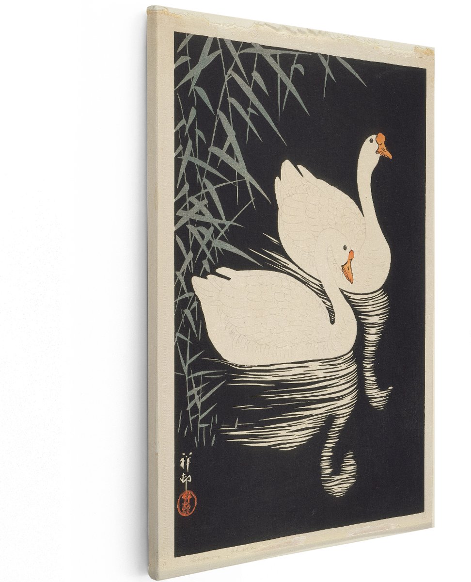 Artaza Canvas Schilderij Ganzen - 100x150 cm - Groot - Wanddecoratie Vogels - Muurdecoratie Japans - Decoratie Vintage Riet - Zwart Wit