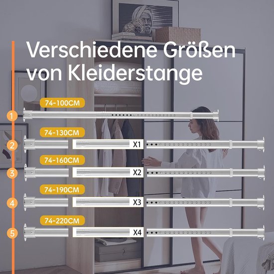 Kledingstang - Garderobestang Telescoop - Kleding Ophangen - Verstelbare Lengte - 74-130 cm - Zilver — afbeelding 4