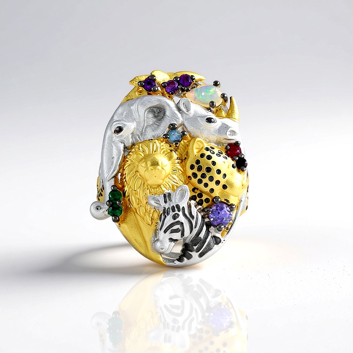 Cavill - Luxe Zilveren Ring 925 Sterling met Welo-opaal 0,135 ct en Tanzaniet 0,108 ct - Dierenmotief - Peervormige Edelsteen Ring