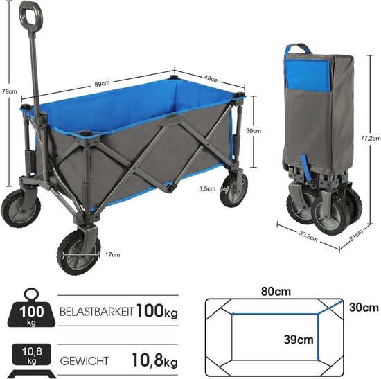 Klarven® Bolderkar Blauw - Opvouwbaar Luchtbanden - 100 kg draagvermogen, Verstelbare handgreep - B 48 x D 30 x H 89 cm — afbeelding 3