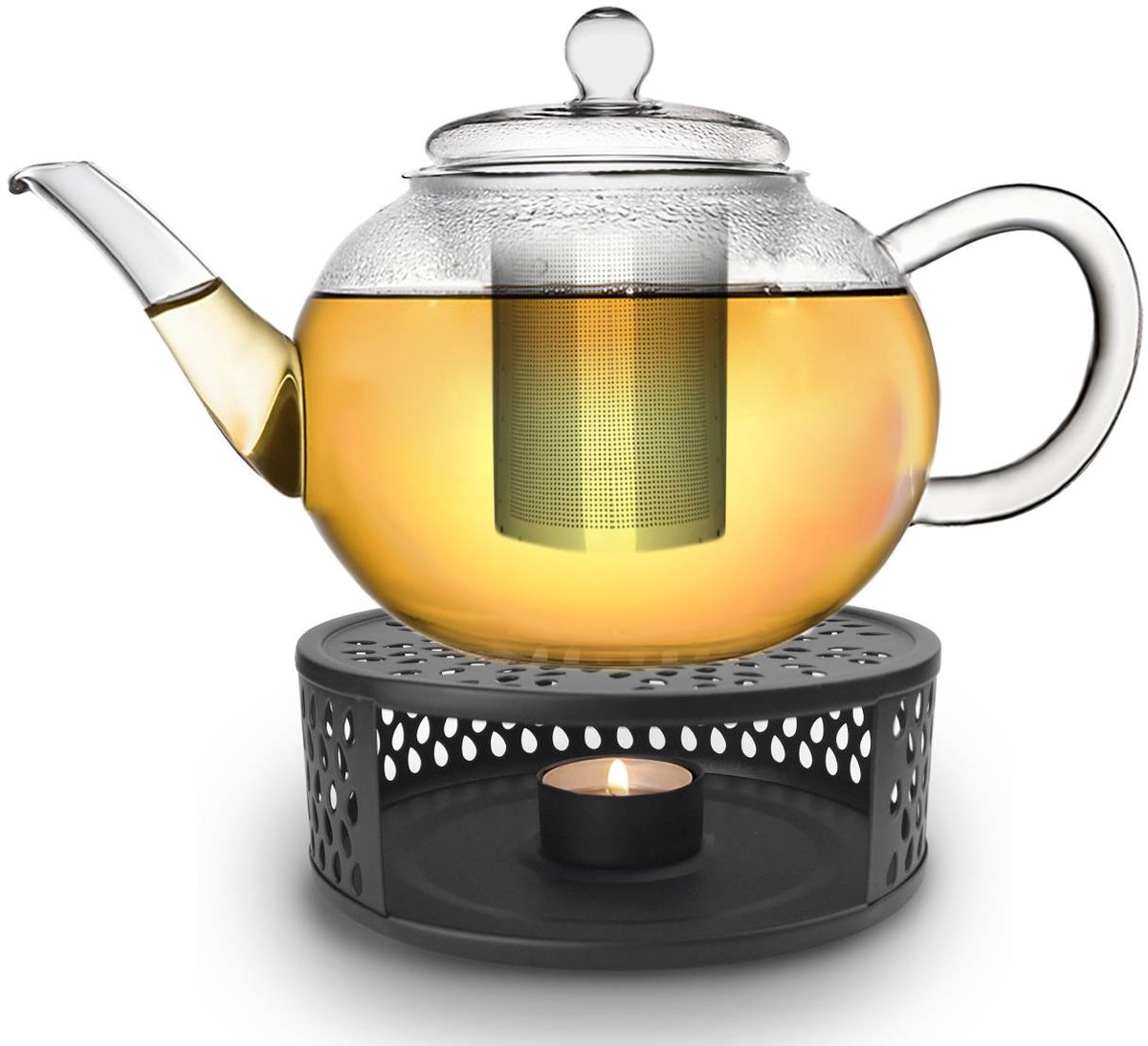 Creano glazen theepot 1,6l met rvs filter en zwart theelicht "Leaf"