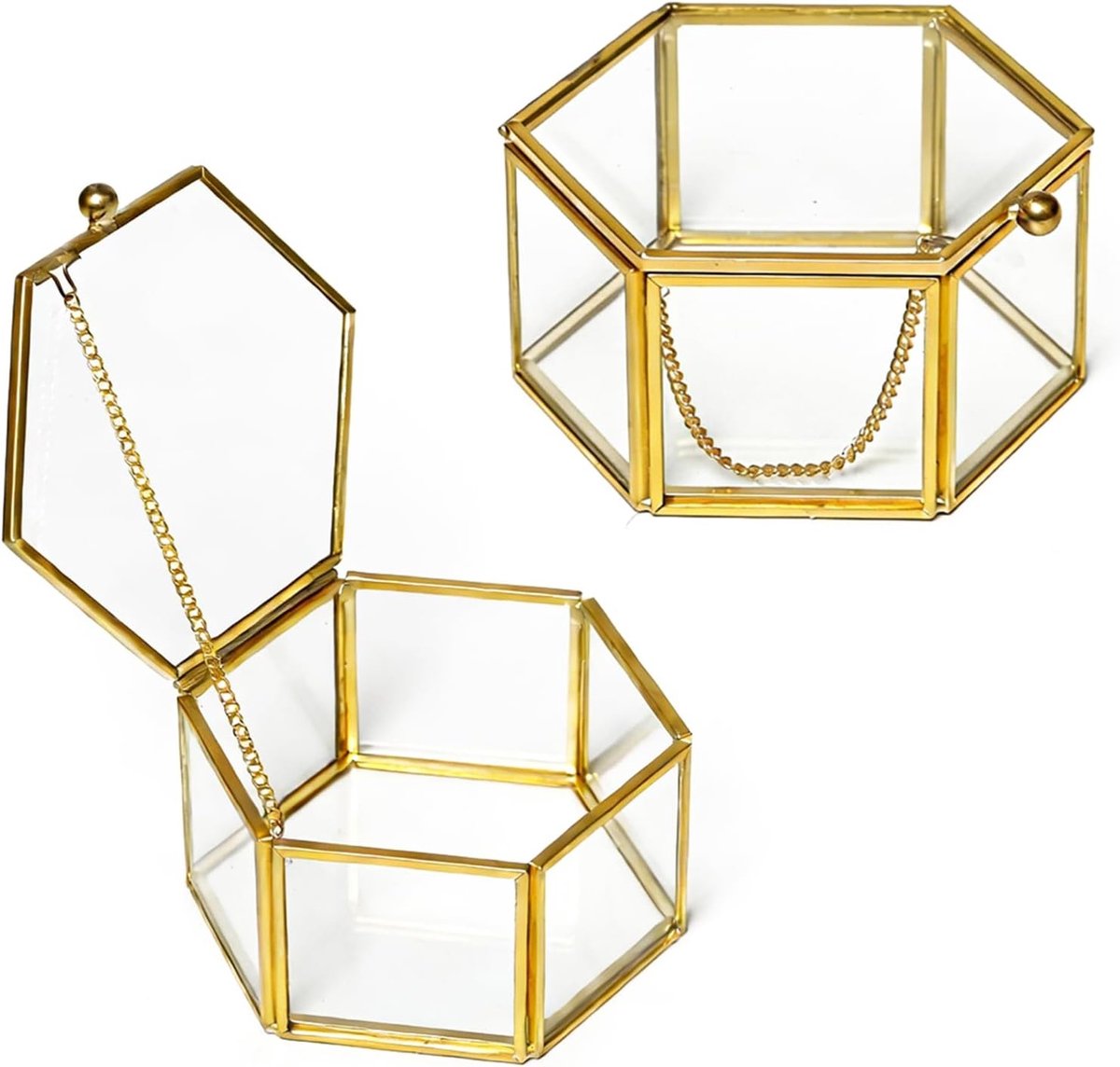 Geometrische glazen sieradenbox set van 2, 10 x 5.3 cm, ideaal voor ringen, armbanden en oorbellen, luxe opbergoplossing voor sieraden