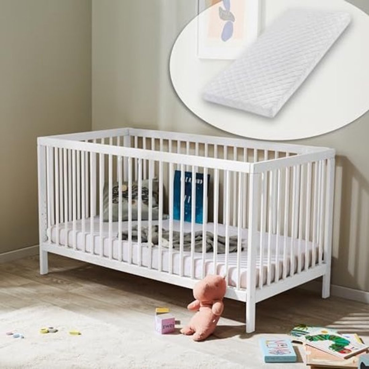 Verstelbaar Babybed 60x120 met Afneembare Spijlen en Hoogte Verstelbare Matras - Wit Beukenhout