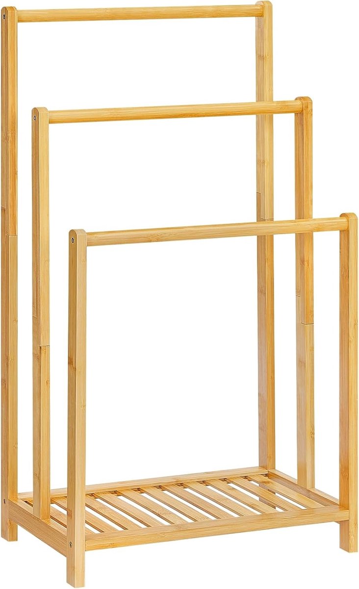 Drie-laags handdoekenrek van bamboe met planken en stangen voor badkamer en slaapkamer, multifunctioneel en natuurlijk design