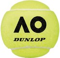 Gele tennisbal met zwart AO- en Dunlop-logo.