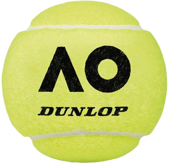 Gele tennisbal met zwart AO- en Dunlop-logo.