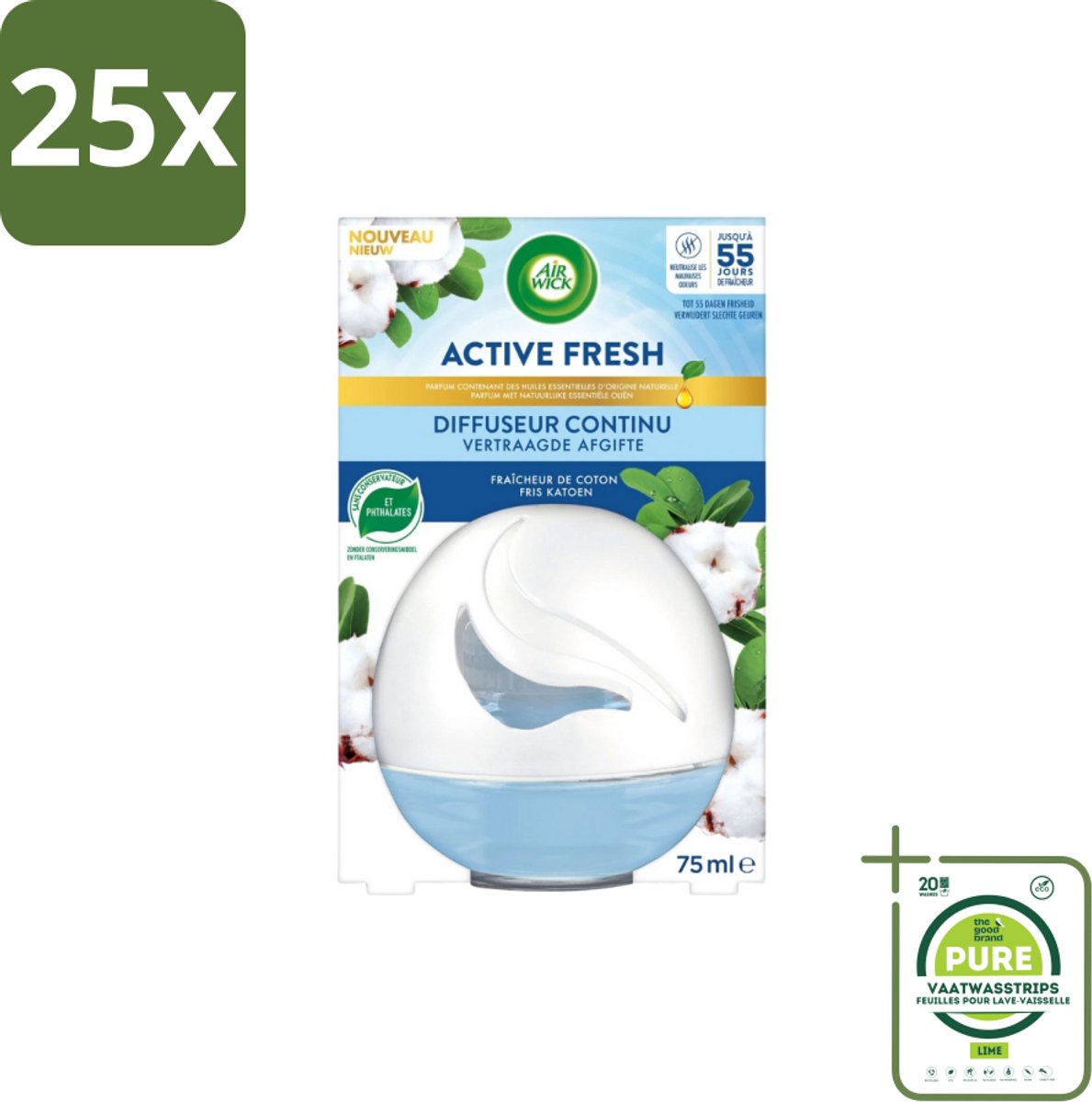 25 x Air Wick – Luchtverfrisser – Deco Sphere Katoen – 75 ml - Grootverpakking - Luchtverfrisser - Katoen Geur - Frisse Geur - Geur Neutraliseren - Geur In Badkamer