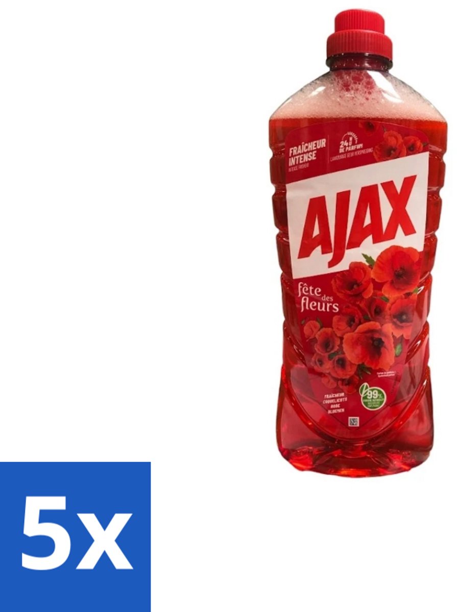 5 x Ajax – Allesreiniger – Rode Bloemen – 1,25 L - Allesreiniger Rode Bloemen - Reiniger 1.25 L - Bloemengeur Reiniger - Krachtige Reiniger - Huishoudelijke Reiniger