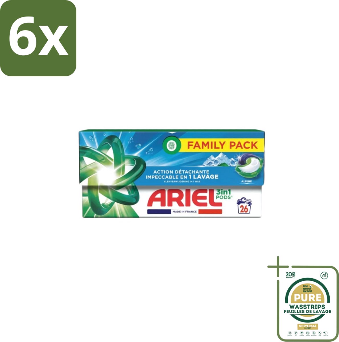Ariel – Pods 3in1 – Alpine – 26 wasbeurten - Voordeelverpakking - 6 stuks - Kleurbehoud wasmiddel - Frisse geur wasmiddel