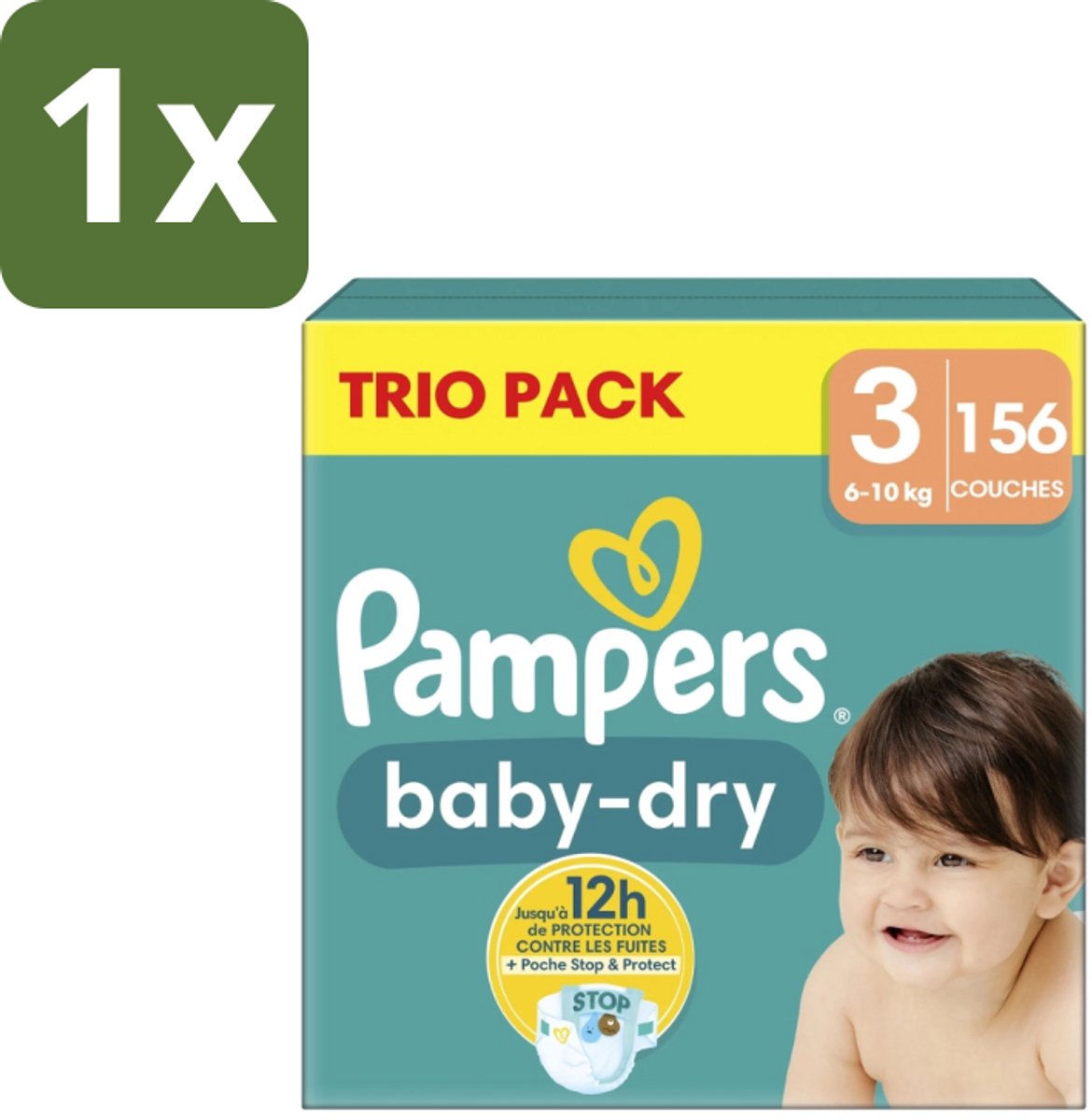 1 x Pampers – Luiers – Baby-Dry Trio Pack Maat 3 (6-10 kg) – 156 Luiers - Baby Luiers - Droge Luiers - Anti-lek Luiers - Baby Droogheid - Nachtluier