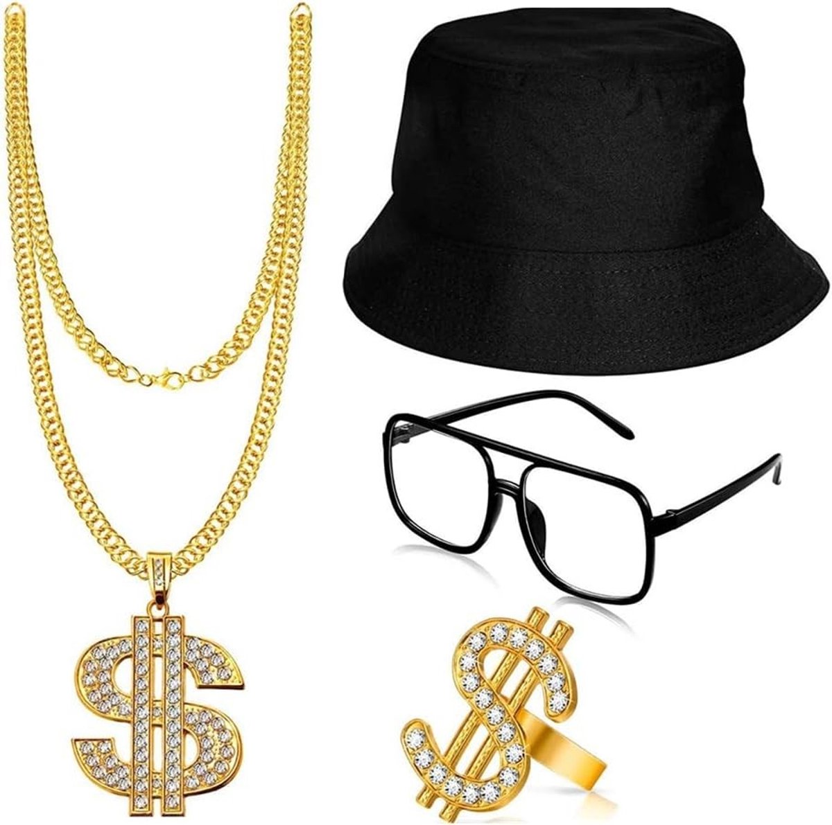 Rapper accessoires set met 4 delen voor 80/90s hip hop kostuum, inclusief gouden hoed, zonnebril en ketting voor mannen en vrouwen feestoutfit