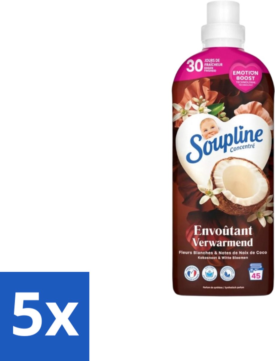 Soupline – Wasverzachter – Verwarmende Kokosnoot & Witte Bloemen – 950 ml - Bulkverpakking - 5 stuks