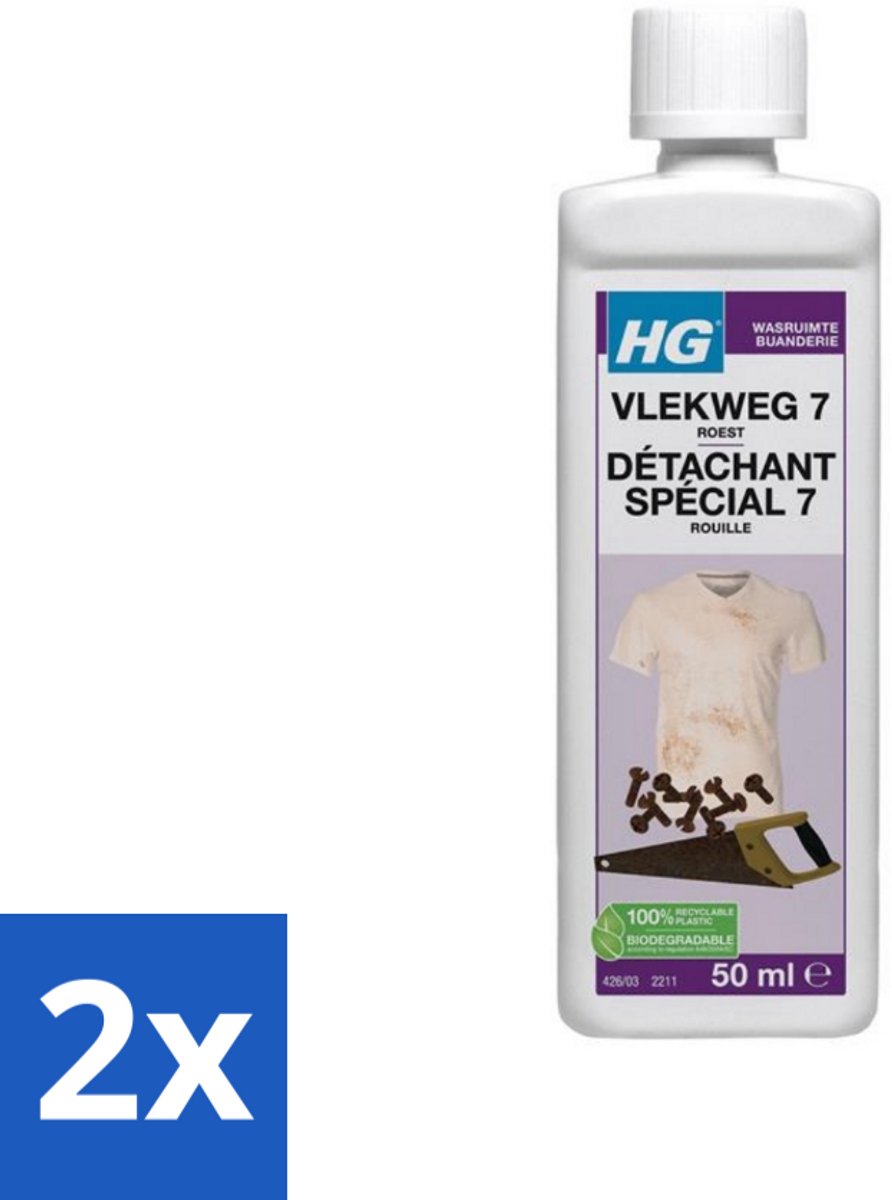2 x HG - Wasruimte - Vlekweg 7 - Roest - 50 ml - Roestvlekken Verwijderen - Vlekkenverwijderaar - Textiel Reiniging - Tegels Schoonmaken - Natuursteen Reinigen