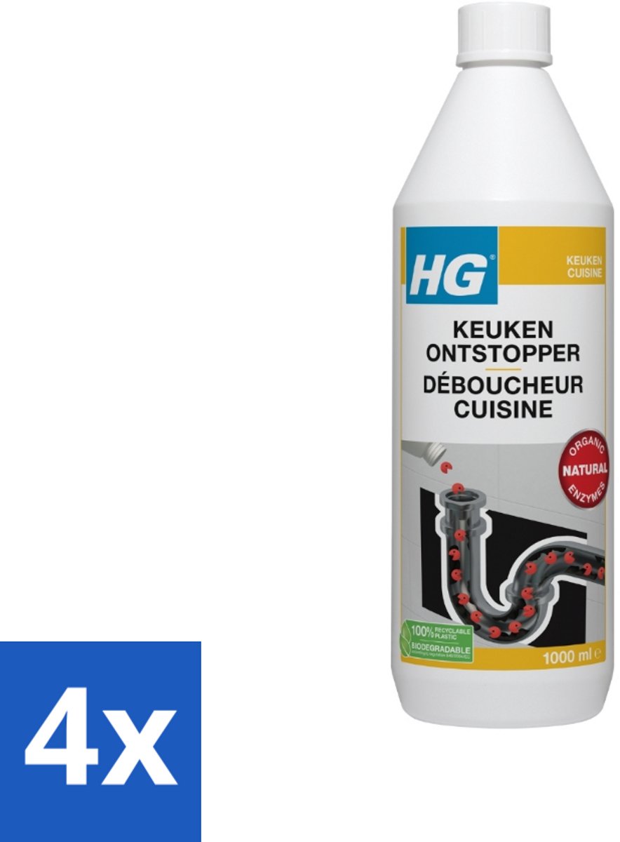 4 x HG Keukenontstopper 1 liter - Keukenontstopper - Gootsteen Verstopping - Biologische Ontstopper - Enzymen - Afvoer Schoonmaken