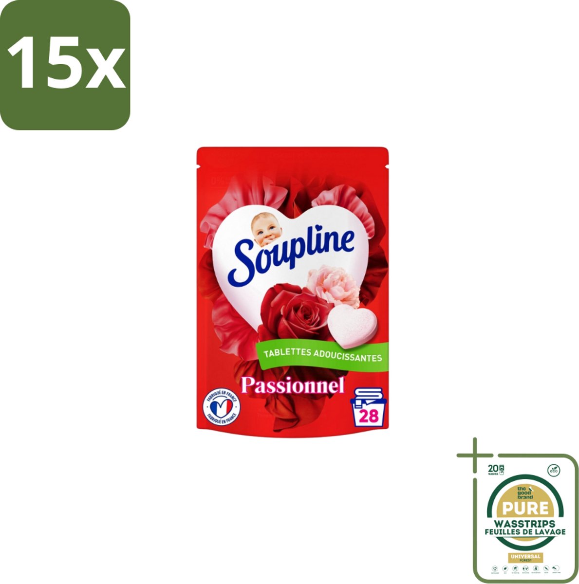 15 x Soupline – Wasverzachtertabletten – Harten Straling van Passiebloemboeket - 28 tabletten - Grootverpakking - Wasverzachter Tablet - Wasverzachter In Tabletvorm - Rozengeur Wasverzachter - Verzachte Wasverzachter - Wasverzachter Voor Kleding