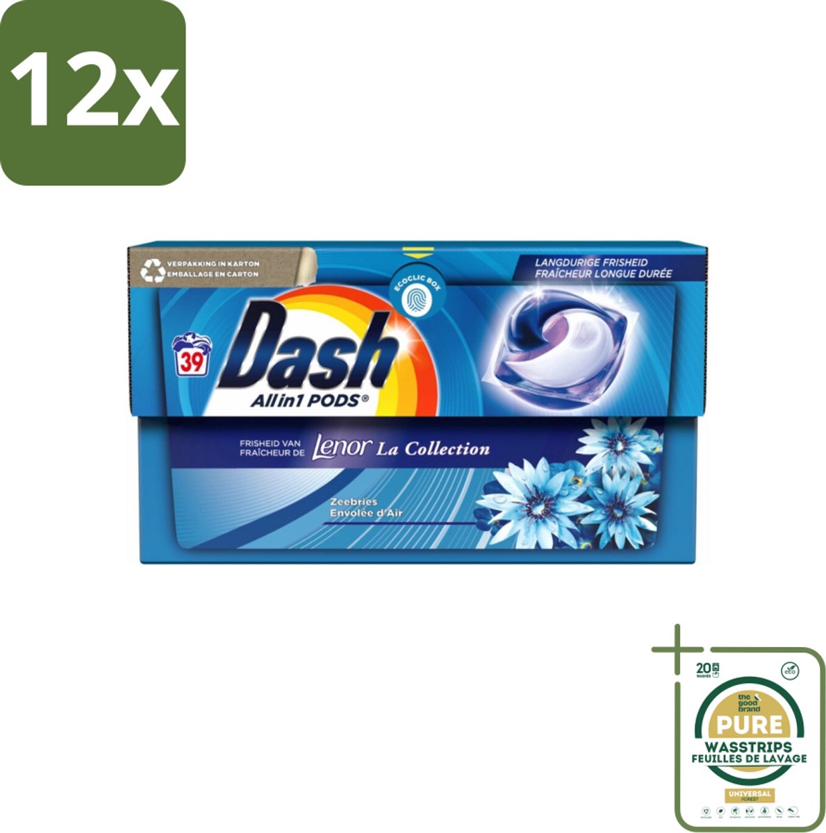 Dash - Lenor Collectie - Wasmiddel Capsules - All-in-1 Pods - Witte en Gekleurde Was - 39 Wasbeurten - Voordeelverpakking - 12 stuks - Lenor - Ocean Breeze
