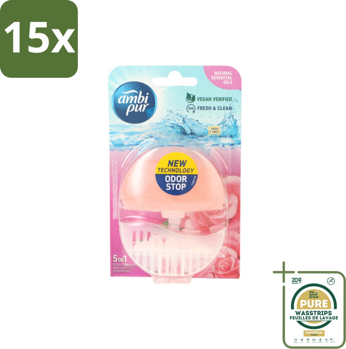 15 x Ambi Pur Toiletblok Starterkit 5in1 Wild Rose & Pink Grapefruit - Grootverpakking - Toilet - Toiletblok - Frisheid - Super Shine - Anti-kalk