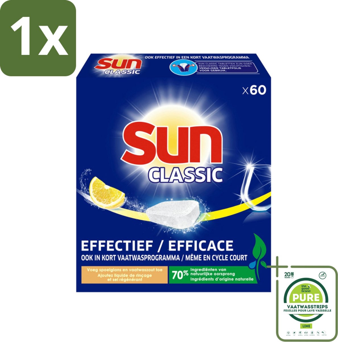 1 x Sun Classic - Vaatwastabletten - Voordeelverpakking - Citroen - 60 Tabletten - Vaatwastabletten - Citroen - Vaatwasser - Schoonmaakmiddelen - Fosfaatvrij