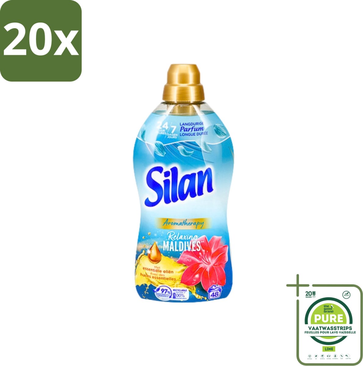 20 x Silan Aromatherapy - Wasverzachter - Relaxing Maldives - Essentiële Oliën en Langdurige Parfum - 48 Wasbeurten - 1.056L - Grootverpakking - Wasverzachter - Aromatherapie - Essentiële Oliën - Tropische Geur - Malediven