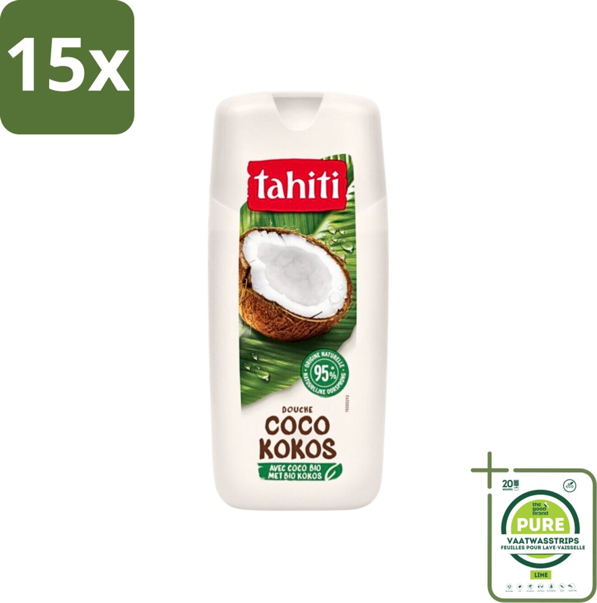 15 x Tahiti - Douchegel - Biologische Kokos - 100% Vegan - 300 ml - Grootverpakking - Douchegel - Kokos - Biologisch - Hydratatie - Verzorging