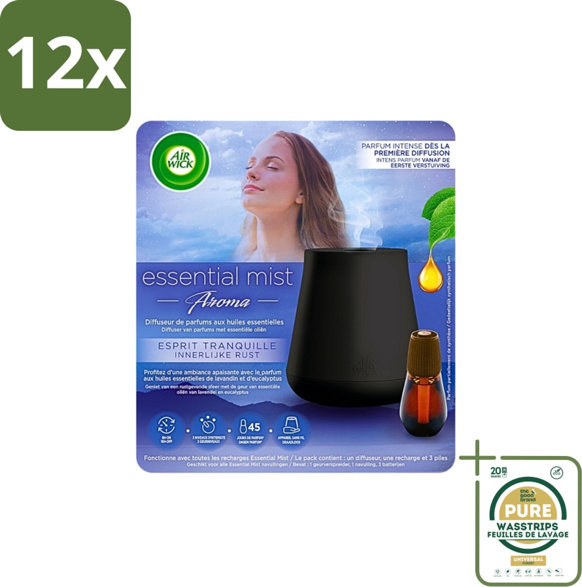 Air Wick Essential Mist - Automatische Luchtverfrisser Kit - Innerlijke Rust - Eucalyptus & Lavendel - Voordeelverpakking - 12 stuks - Eucalyptus - Lavendel