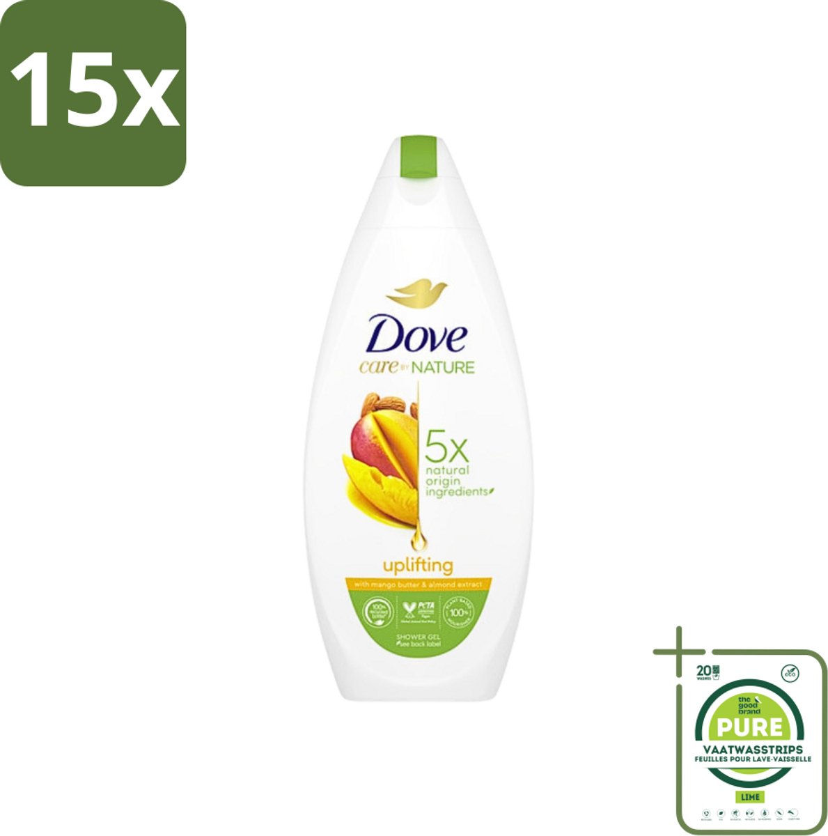 15 x Dove Care By Nature - Uplifting - Douchegel - Mangoboter & Almond Extract - 225 ml - Grootverpakking - Douchegel - Dove - Mangoboter - Amandelextract - Hydraterend