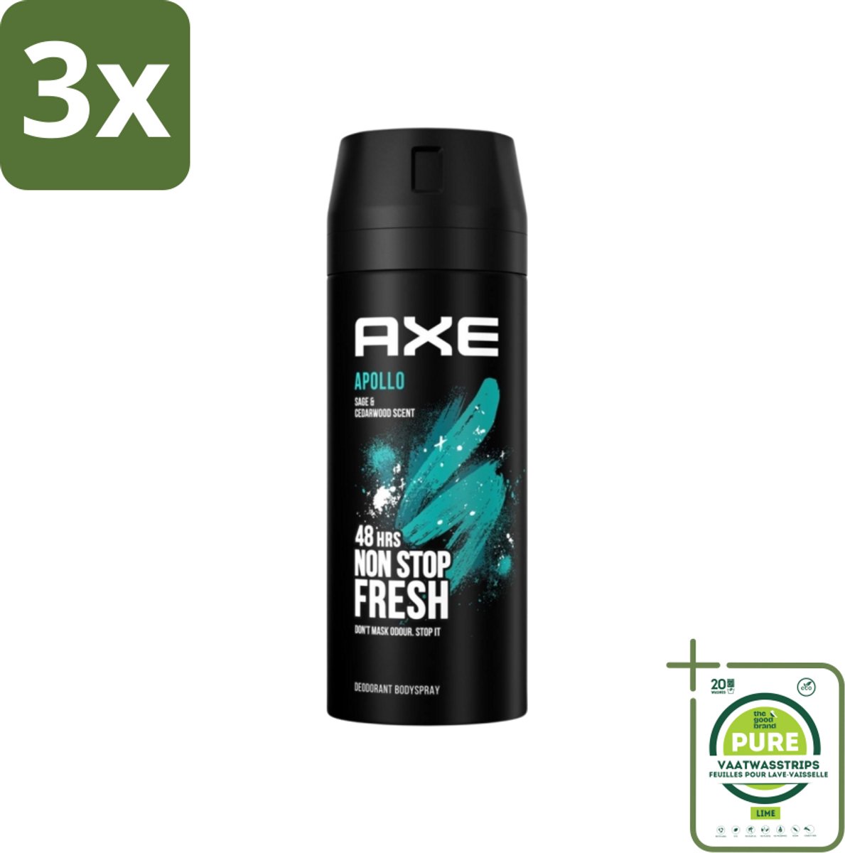 3 x Axe - Deodorant Bodyspray - 48hrs Fresh - Apollo - Sage & Cedarwoord - 150 ml - Grootverpakking - Deodorant - Axe Apollo - 48 Uur Bescherming - Frisheid - Geur