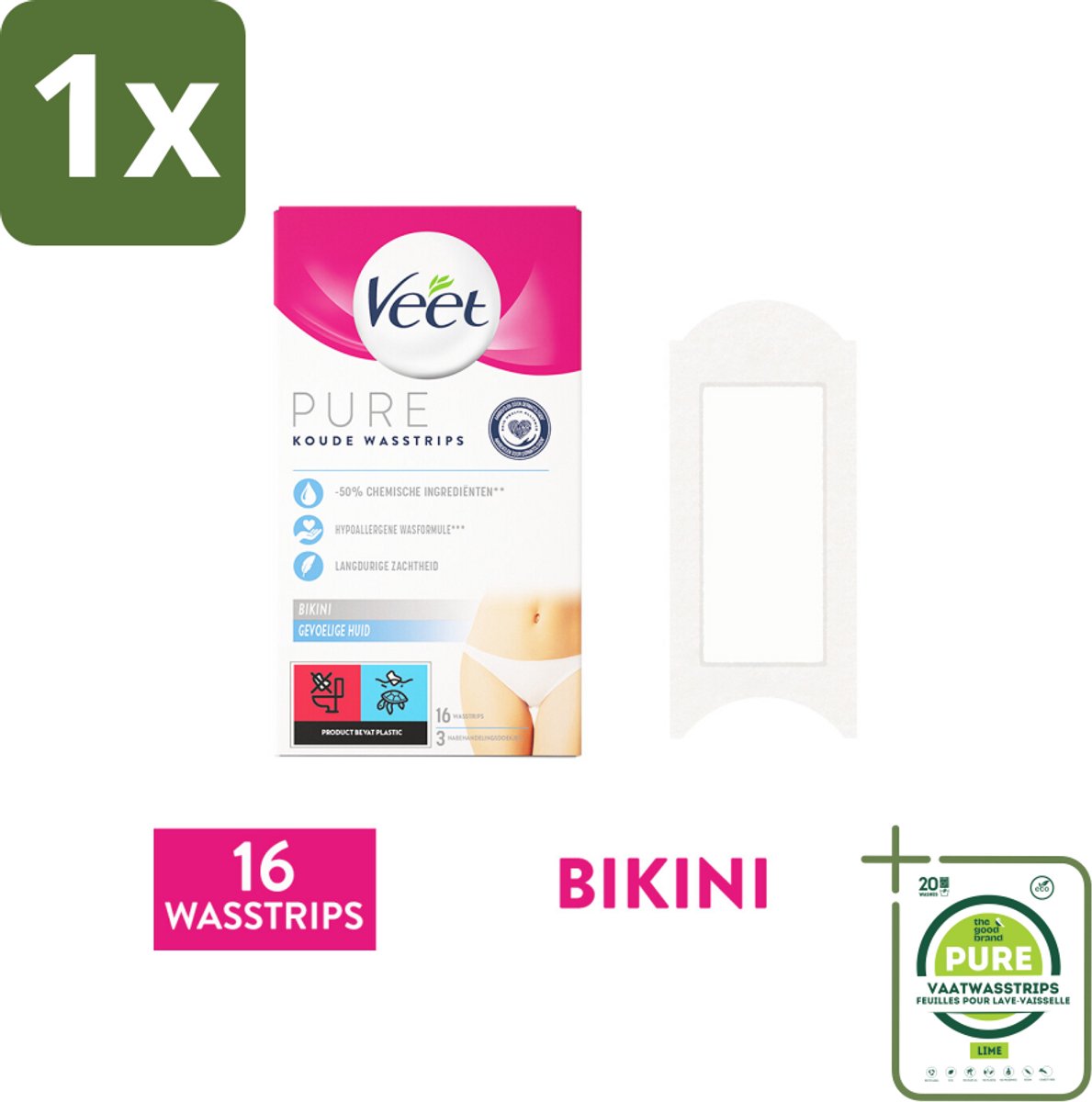 1 x Veet Ontharingsstrips Bikinilijn Pure Gevoelige Huid 16 stuks per verpakking - Veet Ontharingsstrips - Bikinilijn Ontharen - Gevoelige Huid - Ontharingsstrips Bikinilijn - Langdurige Gladheid