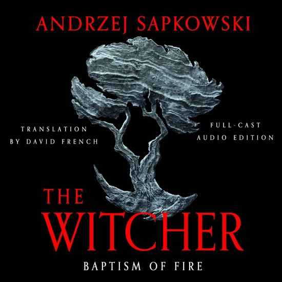 Audioboekhoes 'The Witcher: Baptism of Fire' met een zilveren boom in reliëf op een zwarte achtergrond en rode tekst.