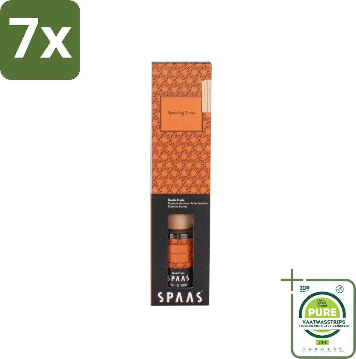 7 x Spaas - Geurstokjes - Sparkling Times - Exotische Vruchten - 80 ml - Grootverpakking - Geurstokjes - Geurverspreider - Exotische Fruit - Frisse Geur - Tropische Geur