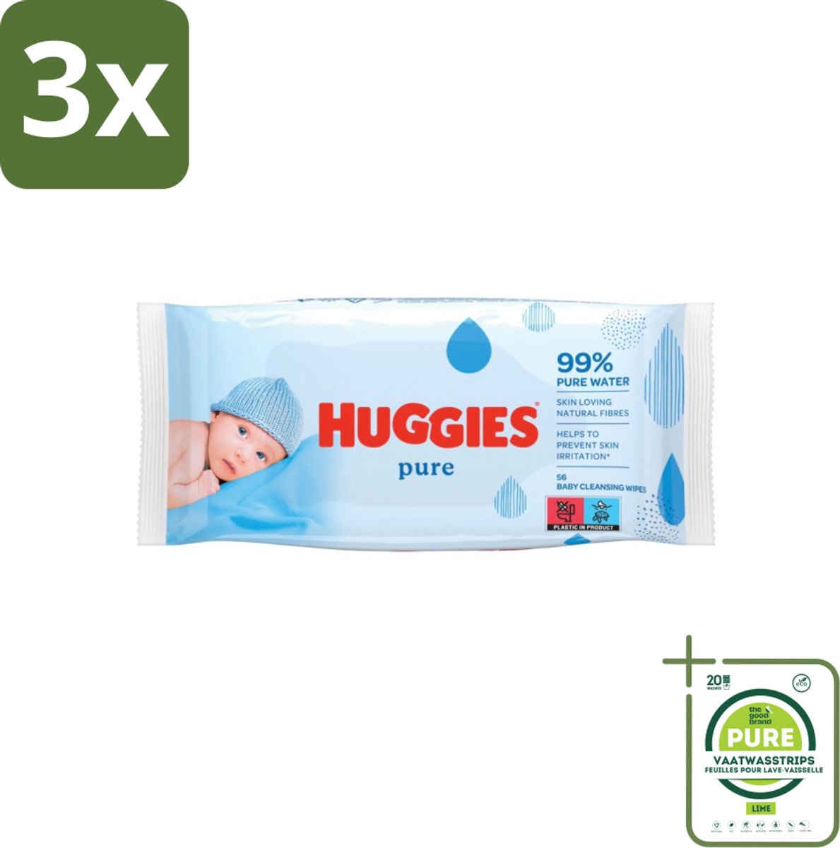 3 x Huggies - Billendoekjes - Pure - Tegen Huidirritaties - 56 Babydoekjes - Grootverpakking - Babydoekjes - Billendoekjes - Zachte Babydoekjes - Hypoallergene Babydoekjes - Babyhuid