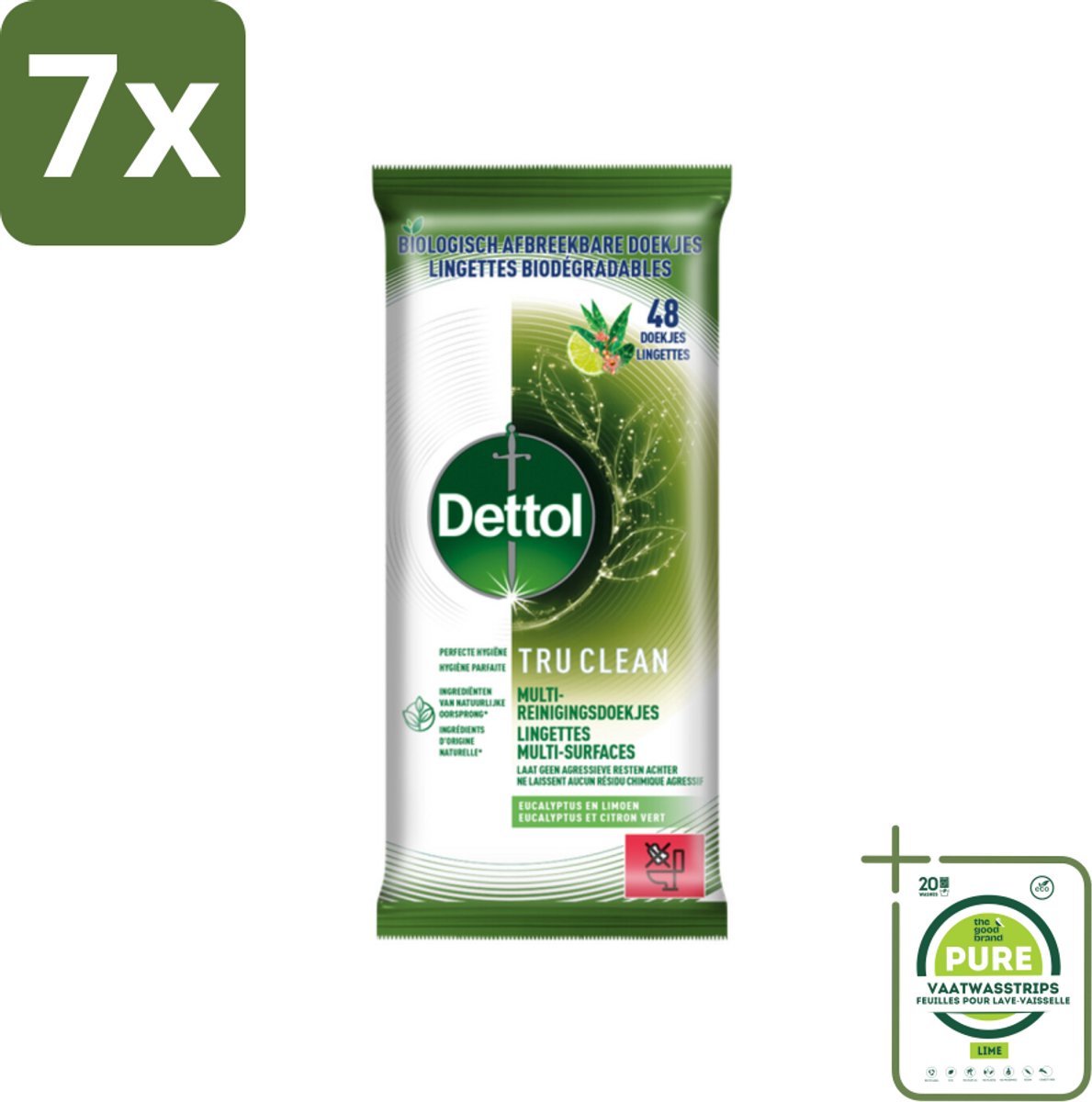 7 x Dettol Reinigingsdoekjes Tru Clean Eucalyptus & Lime 48 stuks per verpakking - Grootverpakking - Schoonmaakdoekjes - Multi Reinigingsdoekjes - Biologisch Afbreekbare Doekjes - Eucalyptus Geur - Limoen Geur
