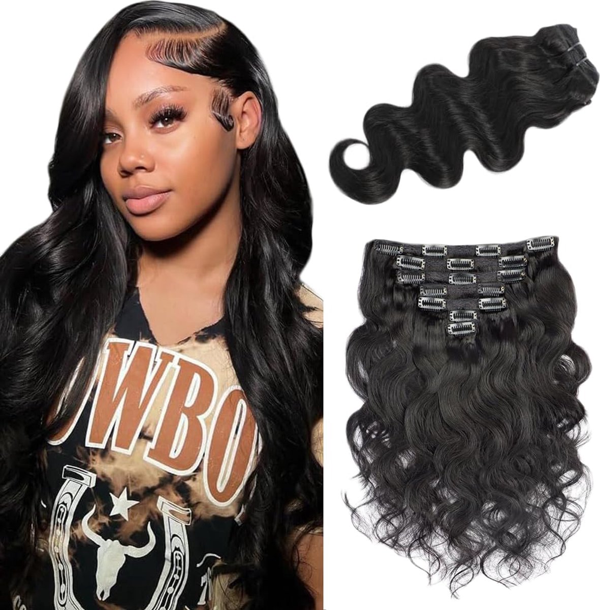 Creuost Body Wave Clip in Hair Extensions Brasilien Echthaar Unprocessed Brazilian Virgin Hair Weave #1B Natural Black - ShopVlot