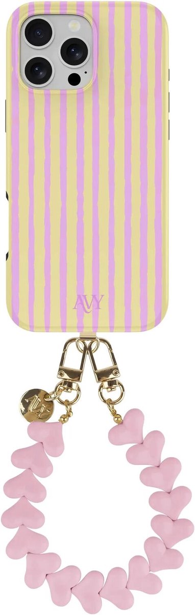 AVY Hoesje Met Telefoonkoord | Geschikt voor Apple iPhone 15 Pro Max | Compatibel met MagSafe & Qi2 | Hard Shell Back Cover | Stijlvol Bijpassend Koord Polsbandje (30CM) | Pink Lemonade