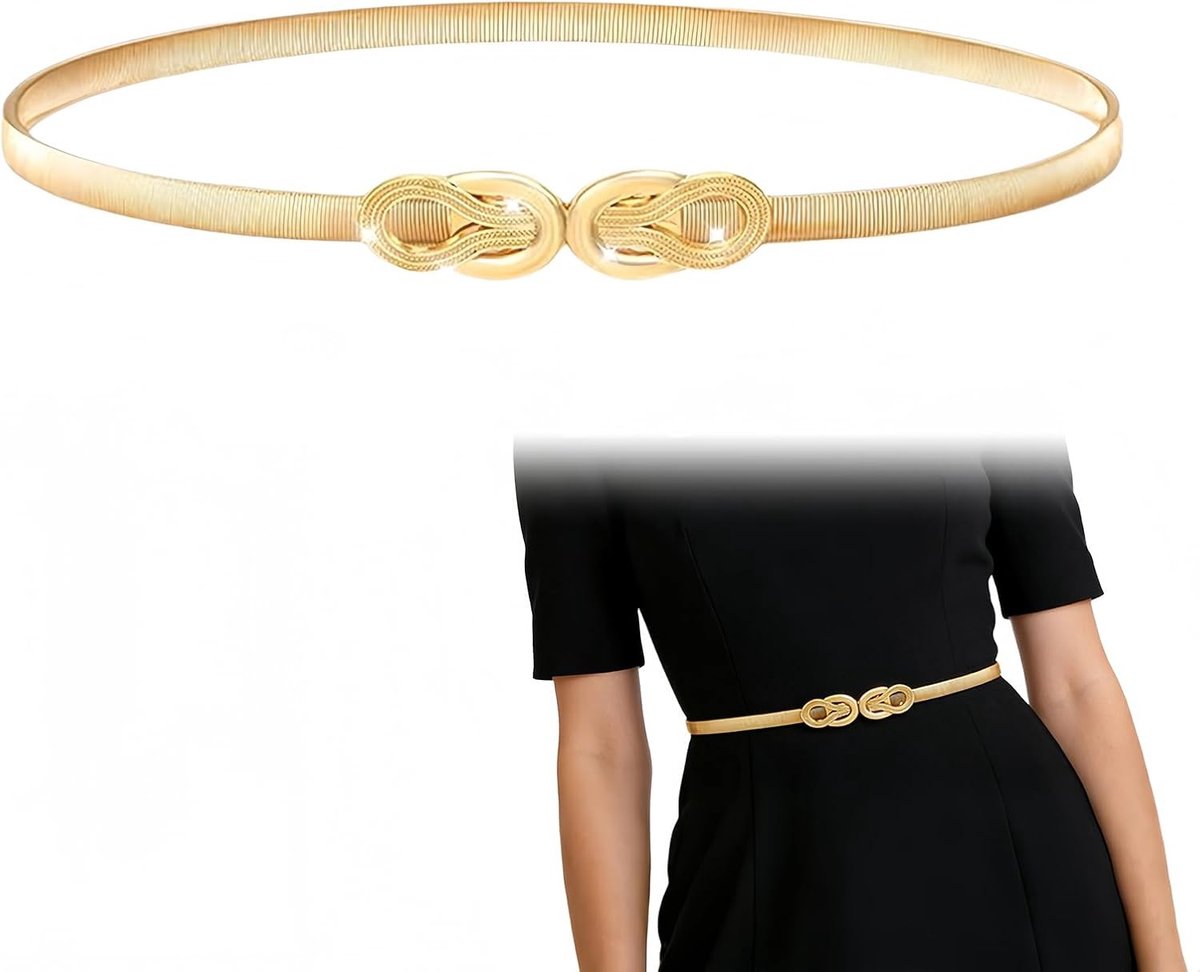 Elastische tailleband met gouden afwerking - 70 cm lange smalle metalen riem - verstelbare damesriem met gesp - perfect voor jurk, jeans, blouse en feestelijke gelegenheden, elegant accessoire voor elk seizoen