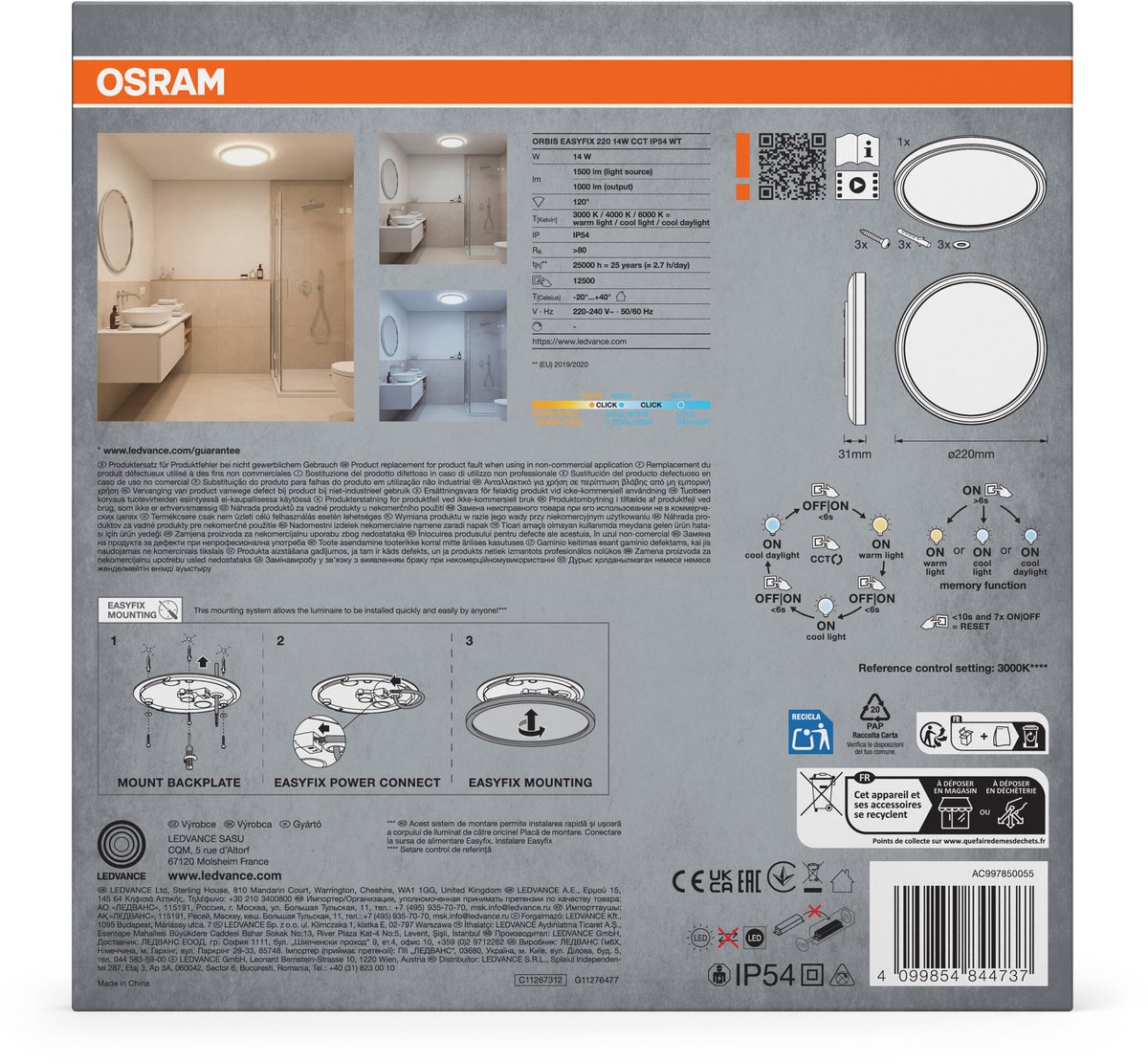 OSRAM plafondlamp wit, 3000 K / 4000 K / 6000 K, warm wit, 1000 lm, 14 W, 22 cm Ø, polypropyleen (PP), 120° stralingshoek