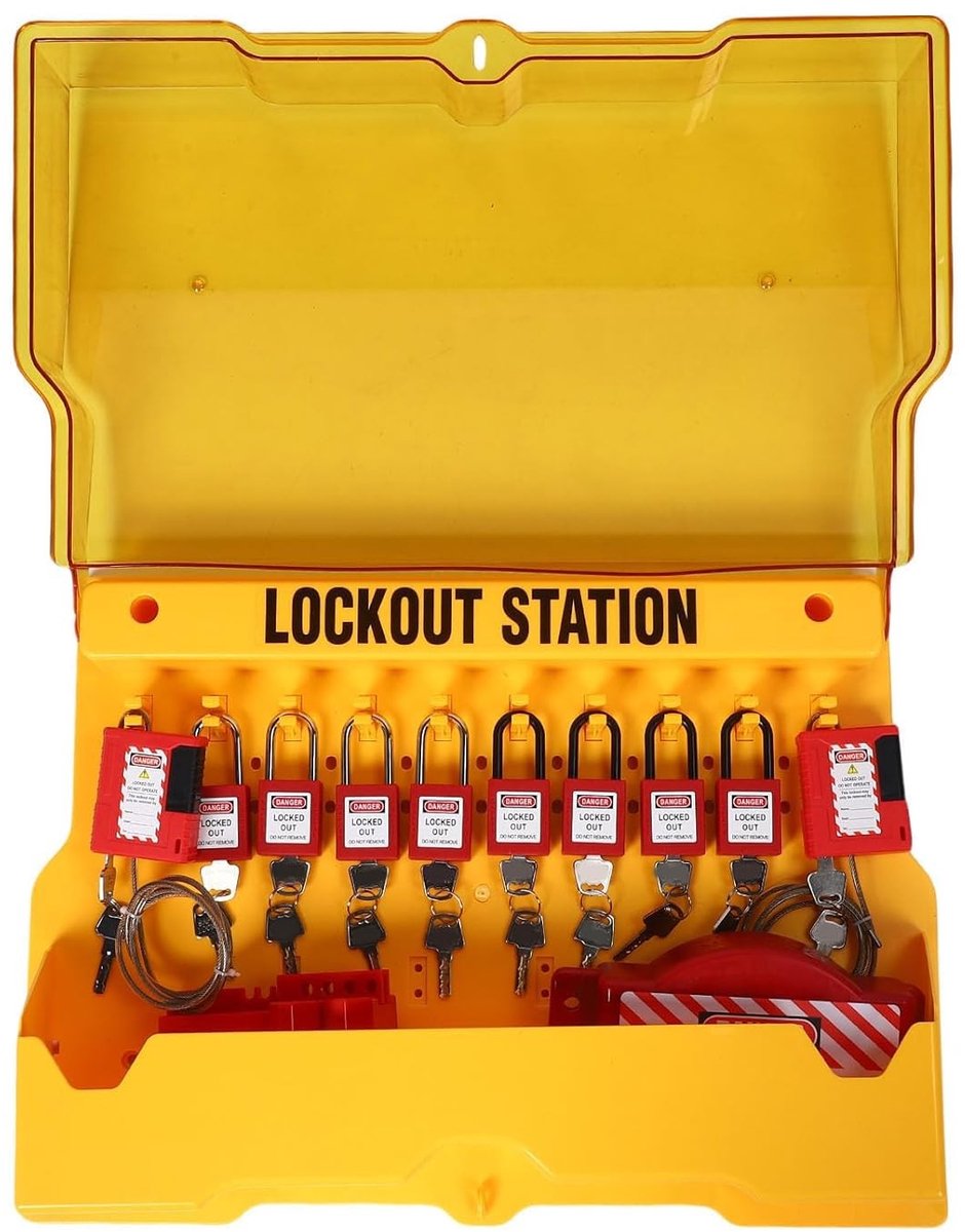Multifunctioneel Lockout Tagout Station voor Machineonderhoud, Wandmontage met Transparante Stofkap, Veiligheidslabel en Elektrische Lockout Functie